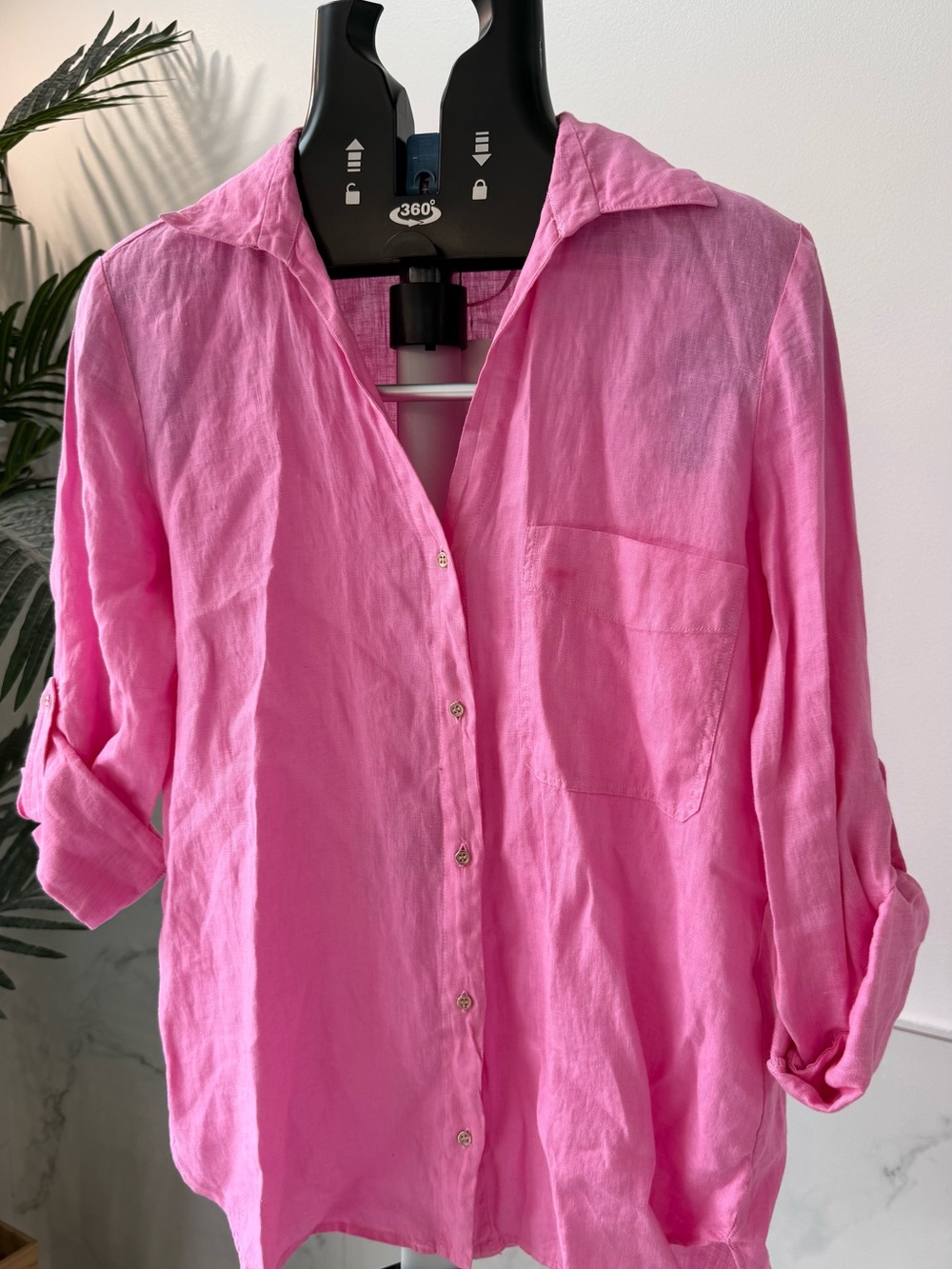 NWT Zara 100% Pure Linen Button Down Shirt Medium Pink Roll Tab Pocket Top